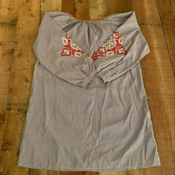 Bobois womens navy and white striped sleep shirt with embroidered flowers -M - Picture 9 of 9